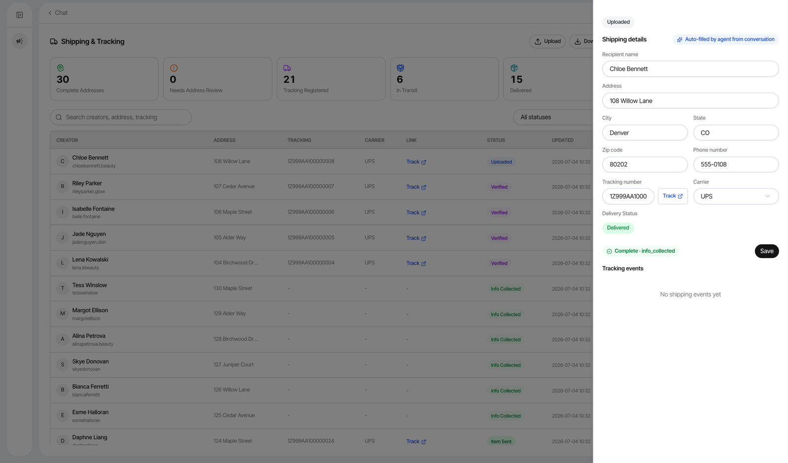 Storika shipping workspace - tracking table with a shipment drawer auto-filled by the agent from conversation